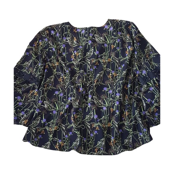 TOPSHOP Blouse Medium US 10 Bell Sleeve Flowy Smock Top Floral Print Blue BOHO - Picture 2 of 10